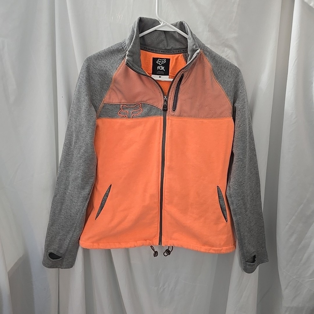 Fox Sweatshirt Women's‎ M Orange Gray Zip Pockets Embroidered Fox Elastic Waist
